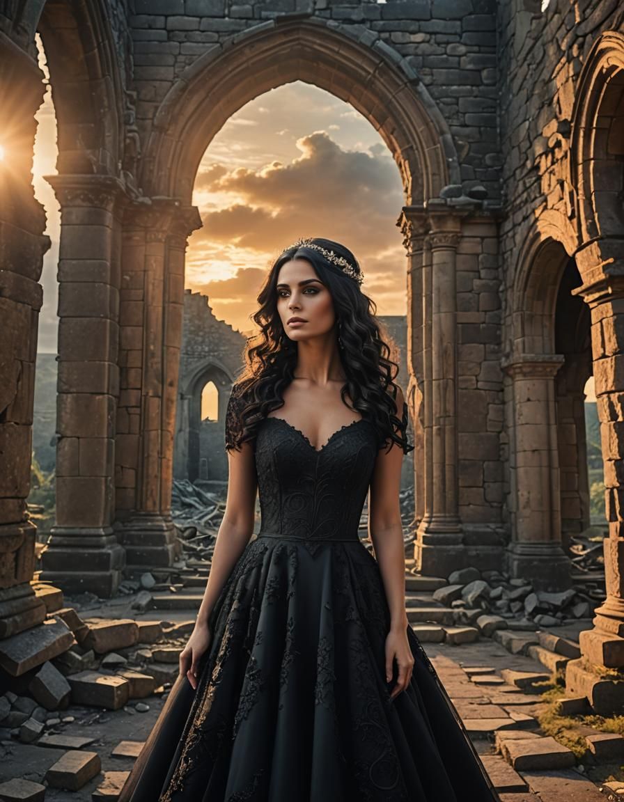 Woman in Black Wedding Dress at Church Ruins
