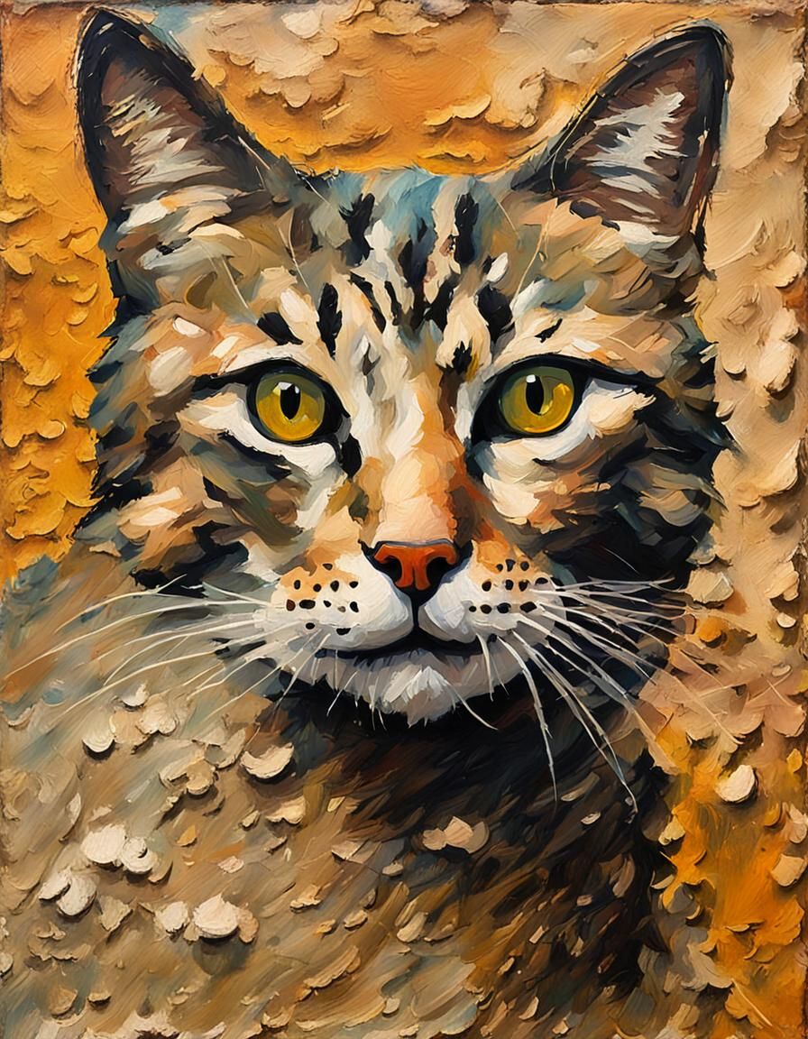 Impressionist Cat Portrait in Encaustic Painting Style