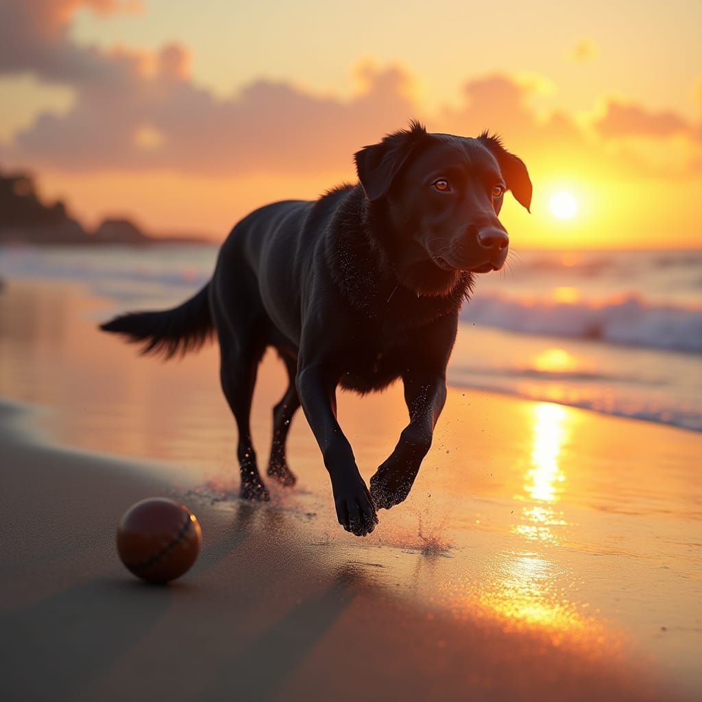 Majestic Black Labrador Runs Along Beach at Dusk