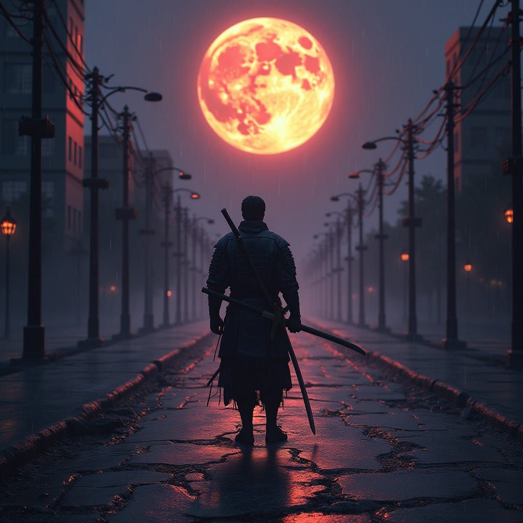Lone Samurai Admires Moonlit Cityscape Under Dark Skies