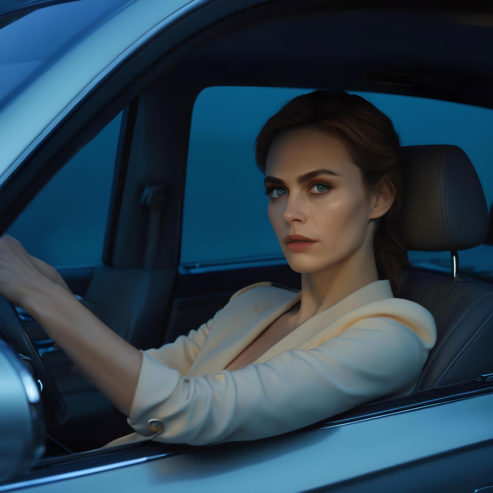 Confident Woman in Mercedes at Night