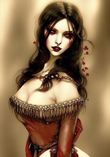 Dark Gothic Woman with Red Lips in Watercolor Style