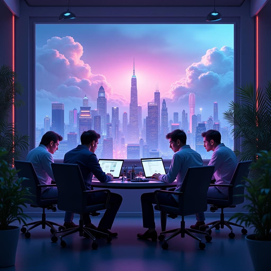 Futuristic Entrepreneurs Collaborate in High-Tech Office
