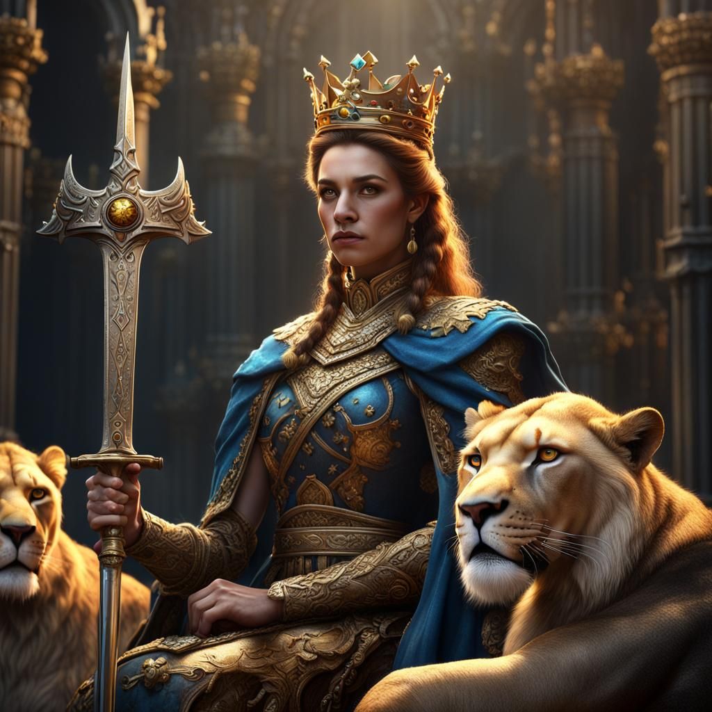 Queen with Sword and Lions in Detailed Matte Painting