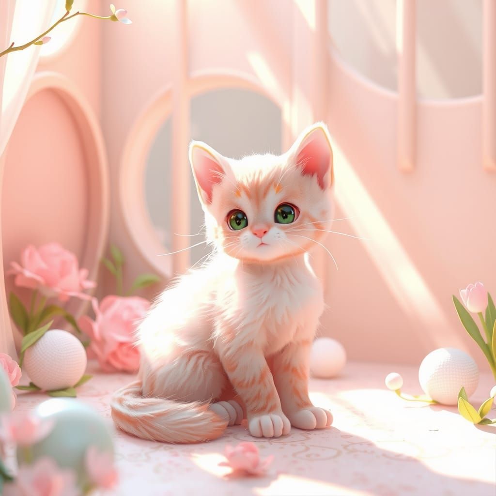 Adorable Pink Kitten in Whimsical Anime Style