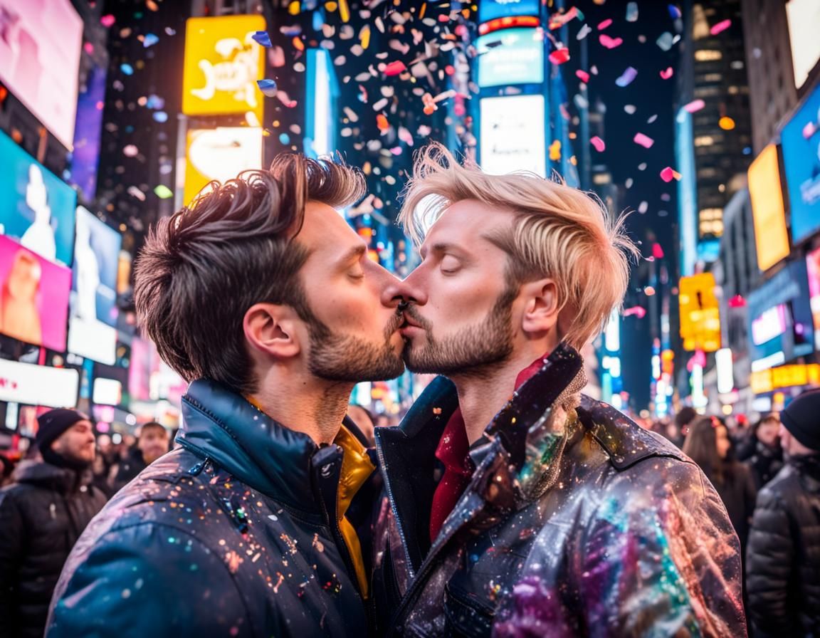 Gay Couple Kissing in Times Square on New Year's