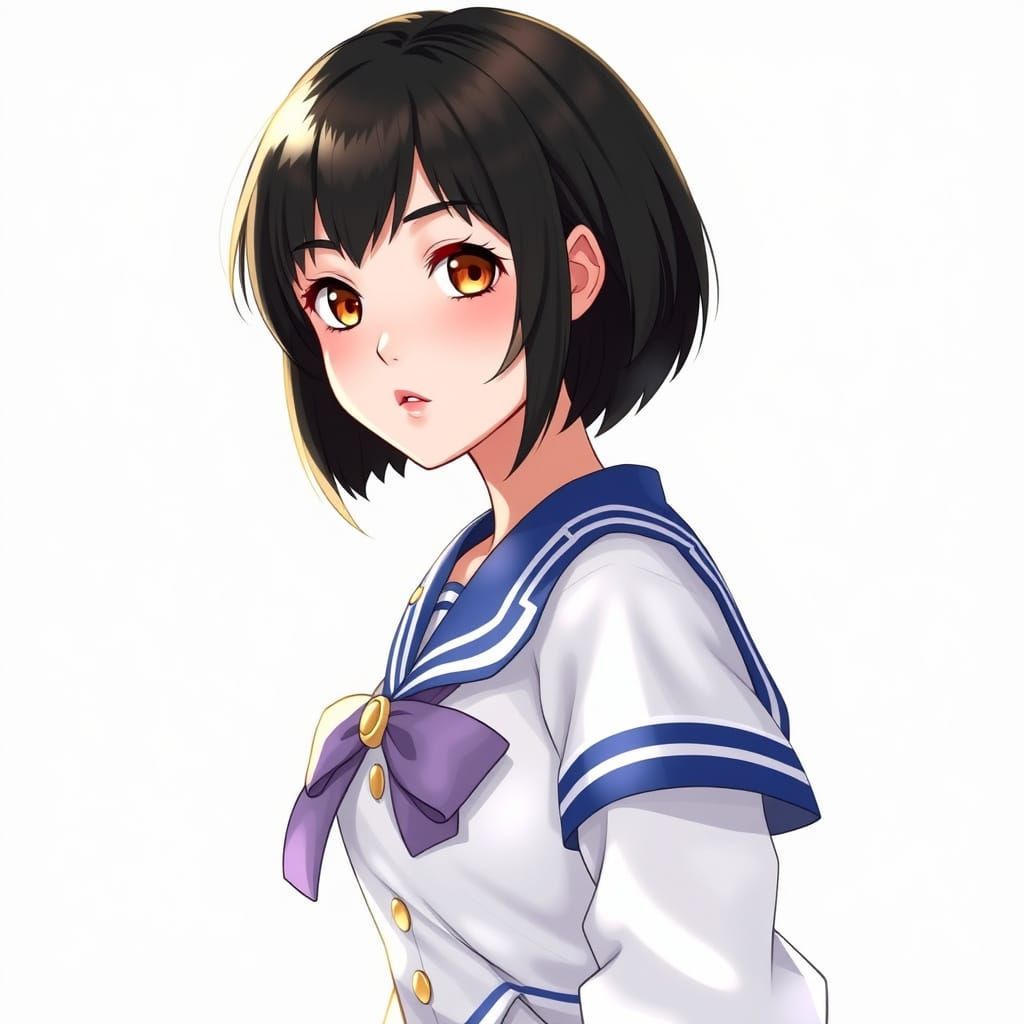 (Sailor Guardian) Adorable pretty Thai woman with short black hair and brown eyes. Wearing Seifuku. Heroine. Anime illus...