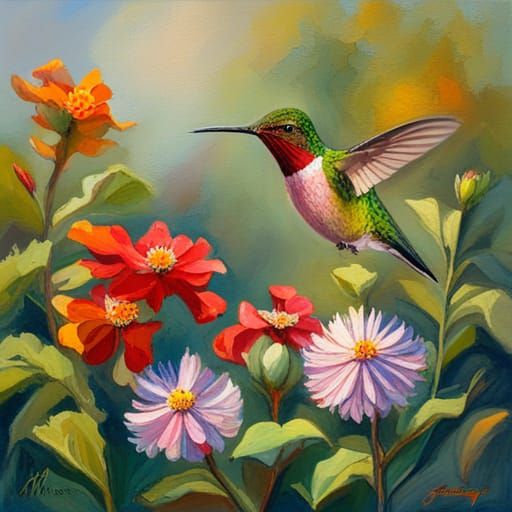 Hummingbird in Floral Garden as Oil Painting