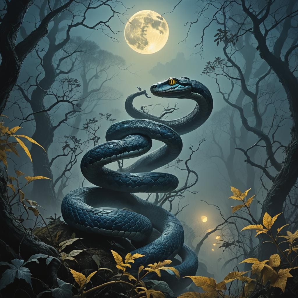 Ethereal Serpent Unveiled in Mystical Moonlit Forest