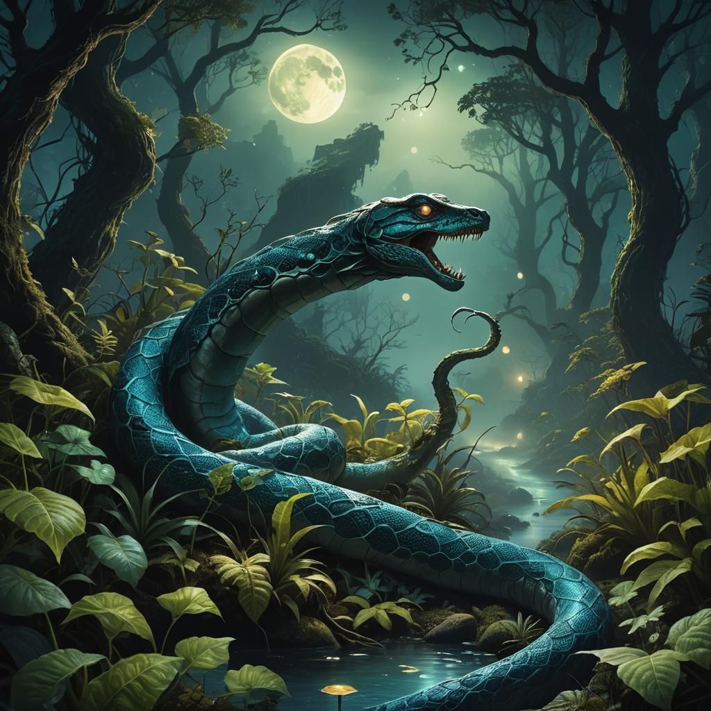 Moonlit Serpent in Vibrant Dreamlike Forest