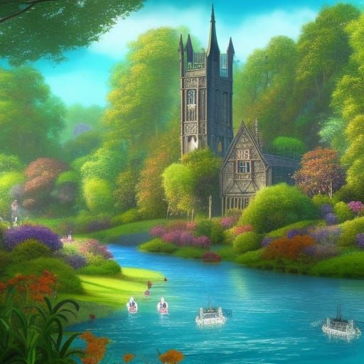 High Gothic Victorian Village with Turquoise River