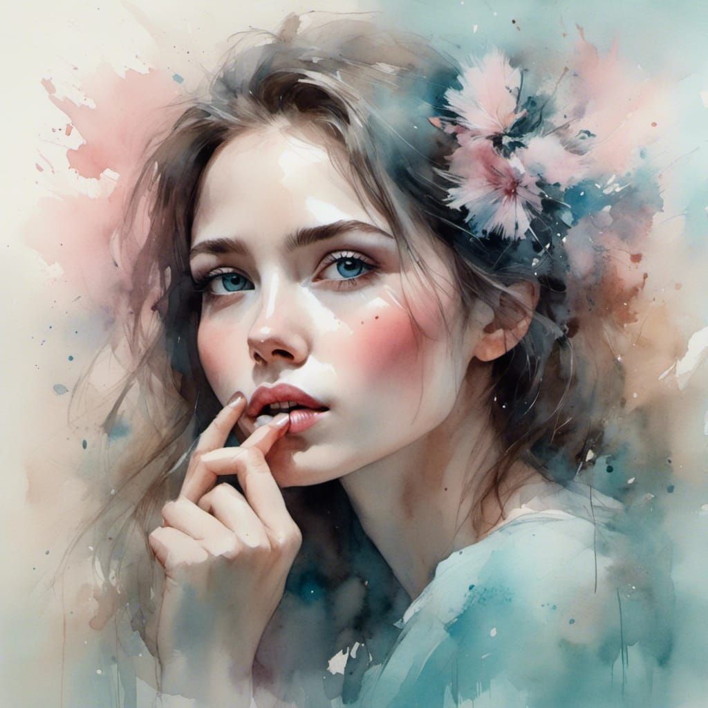 Ethereal Watercolor Portrait of a Silent Woman