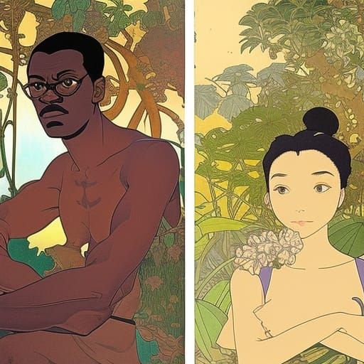 Portraits in African Jungle, Alphonse Mucha and Ghibli Style
