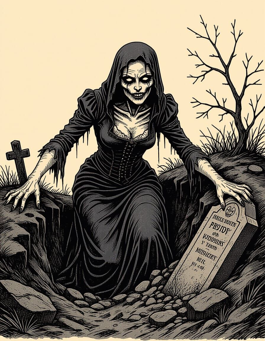 Hideous vampire climbing out of her grave, dirt sloughing off. In the aesthetic and style of a dreadful Victorian illust...