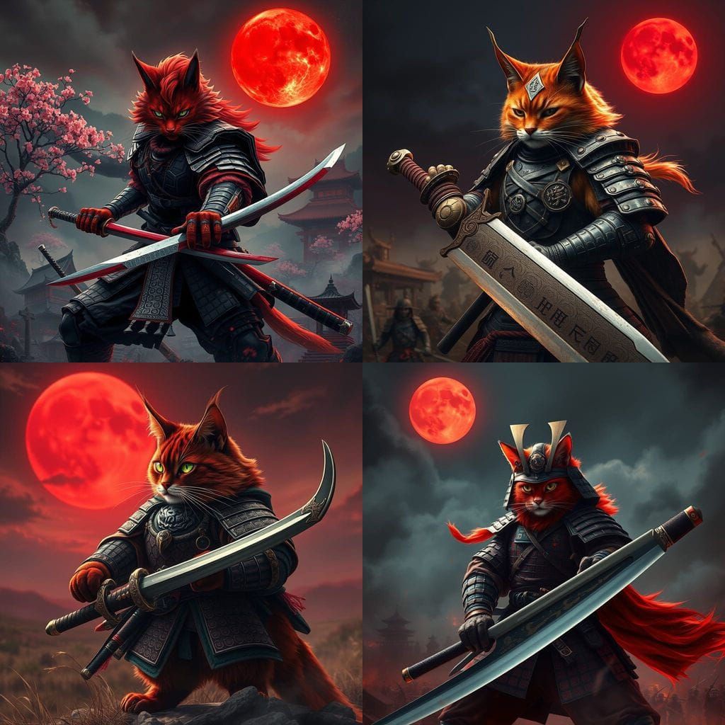 Samuraj Cat Battles Under Crimson Moonlight