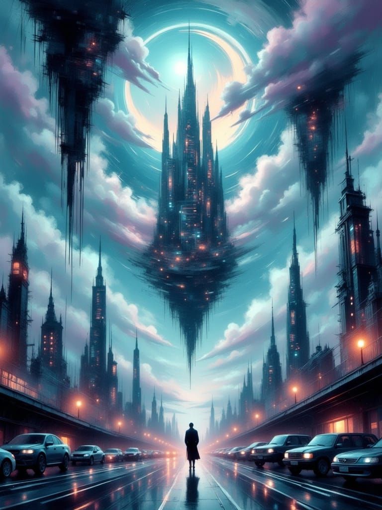 Surreal Upside-Down Cityscape in Vaporwave Style