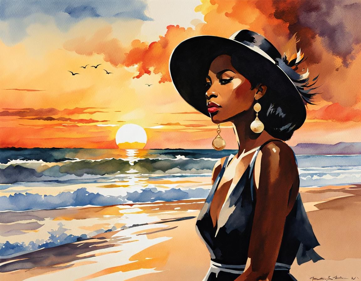 Black Woman at Sunset in Watercolor Style