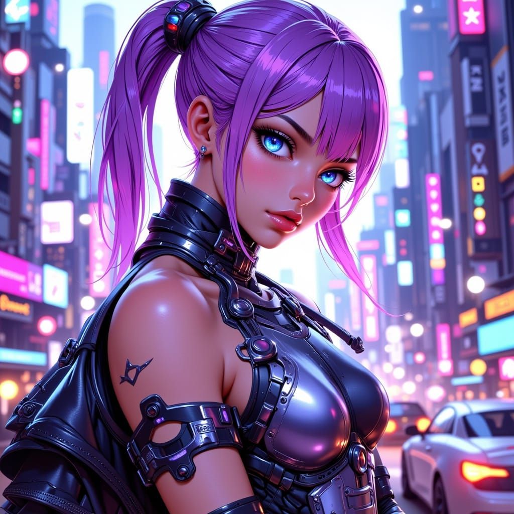 Pastel-Purple Pilot Anime Girl in Futuristic Cityscape