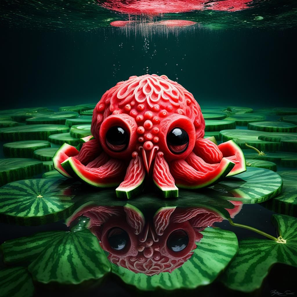 Adorable Watermelon Cthulhu Reflection in Hyperrealistic Sty...