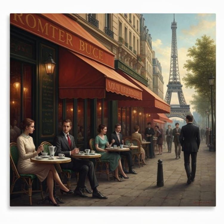 Parisian Cafe Scene with Eiffel Tower in Hyperrealism Style