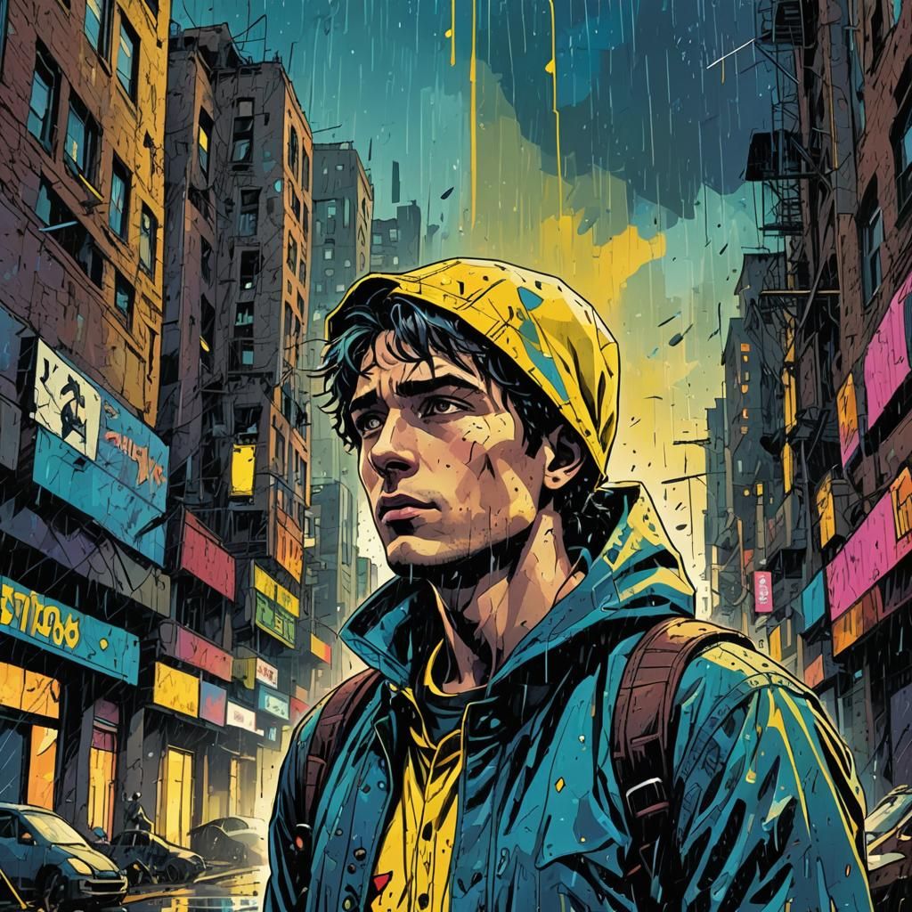 Post-Apocalyptic Comic Book Hero in the Rain