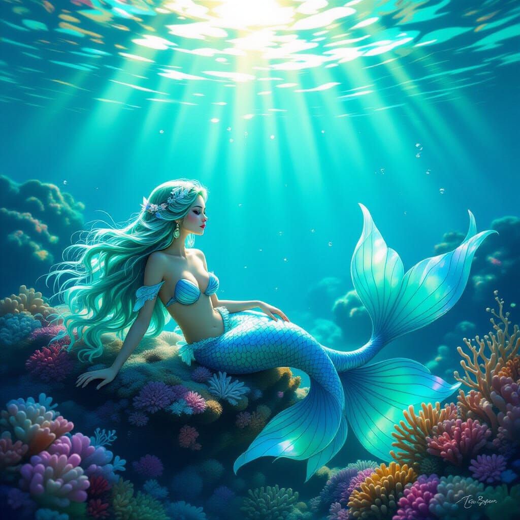 Serene Mermaid Resting on Coral Reef in Sunlit Turquoise Wat...