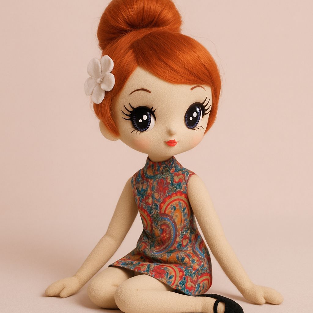 Japanese Pose Doll with Anime Eyes and Paisley Dress
