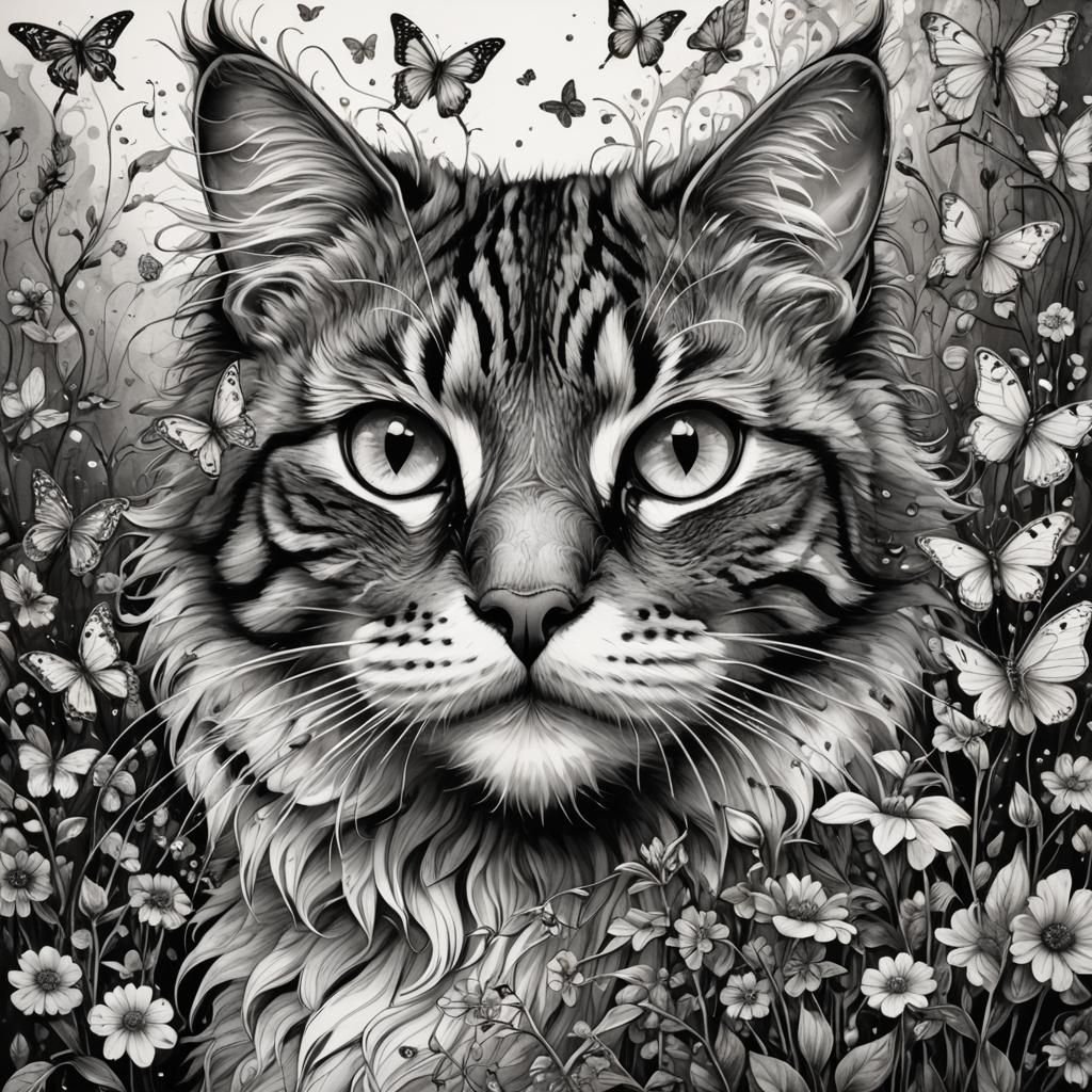 Fluffy Tabby Cat with Butterflies: Black and White Ink