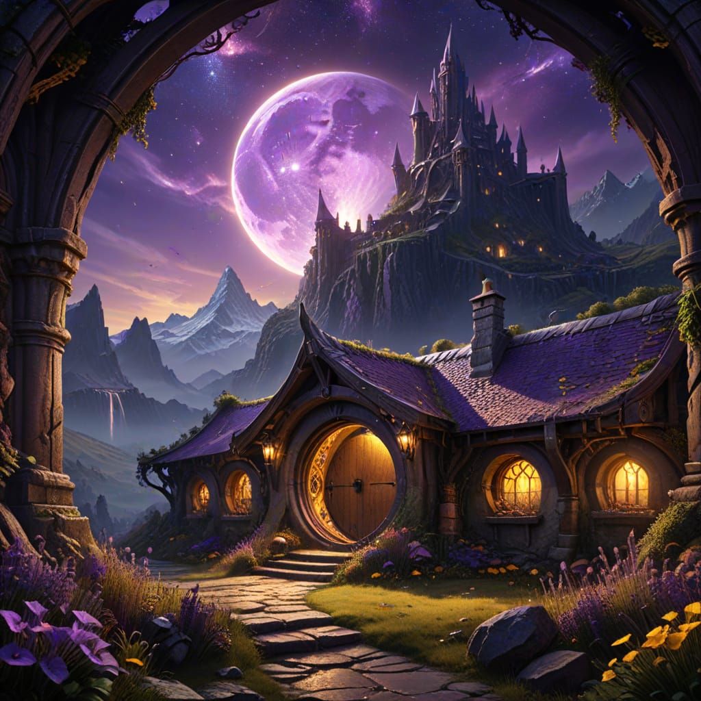 Whimsical Hobbit Home Under Starry Skies in Dark Fantasy Art