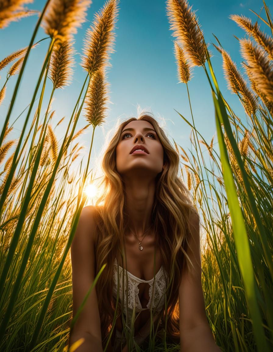 Hippie Girl in Grass: Volumetric Lighting at Magic Hour