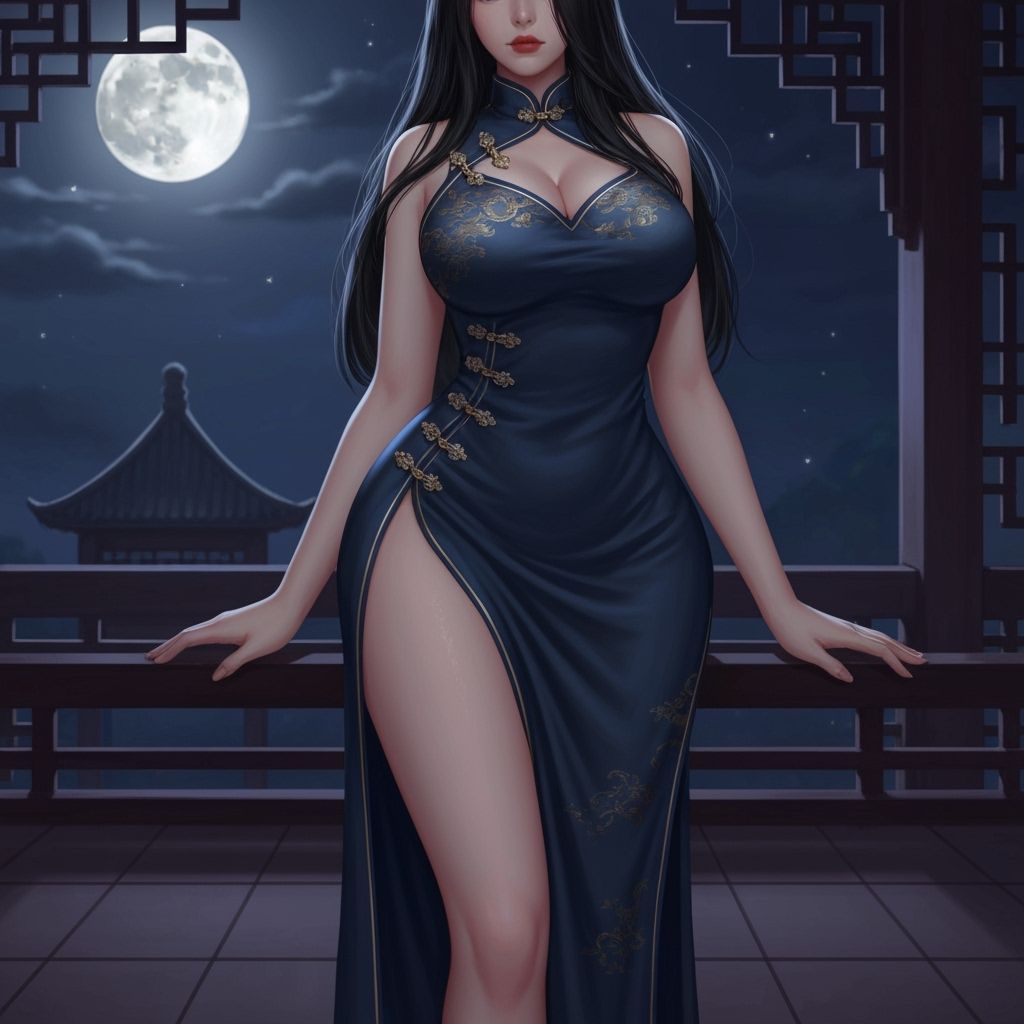 Elegant Woman in Chinese Dress Under Full Moon