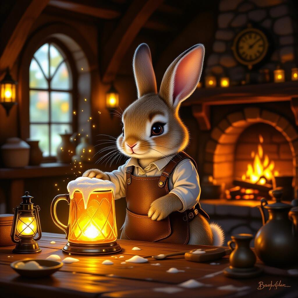 Whimsical Rabbit Polishing Tankard in Cozy Tavern