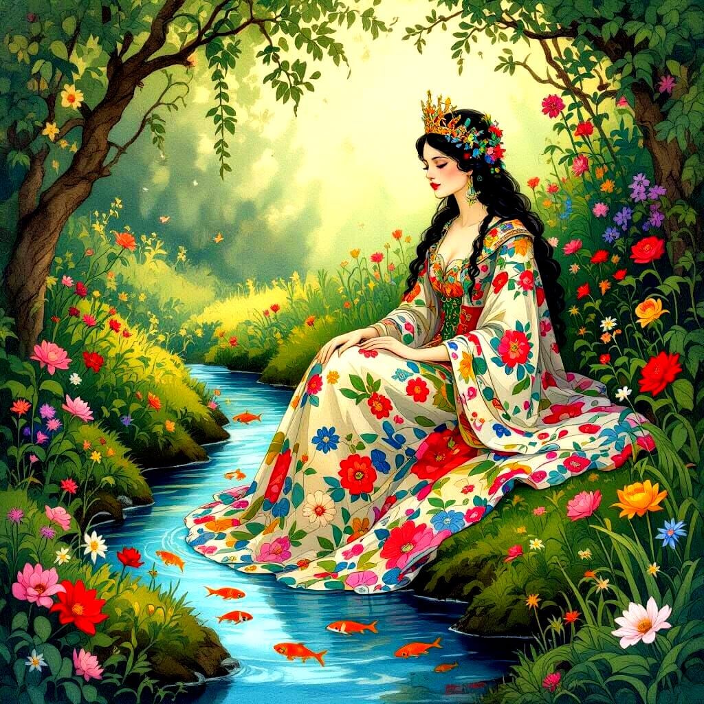 Queen of the Garden with Colorful Flowers and Fish