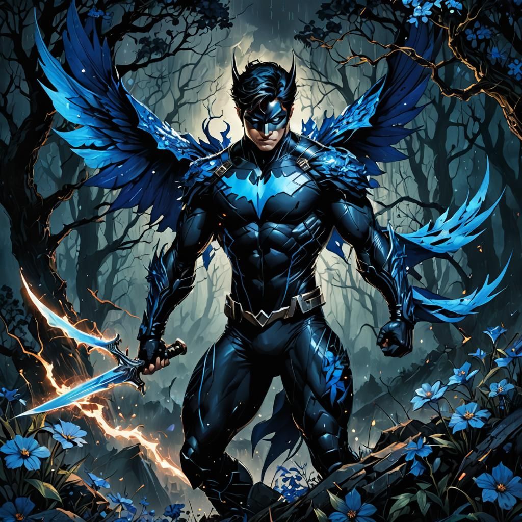 Nightwing fused with a blue electric dragon