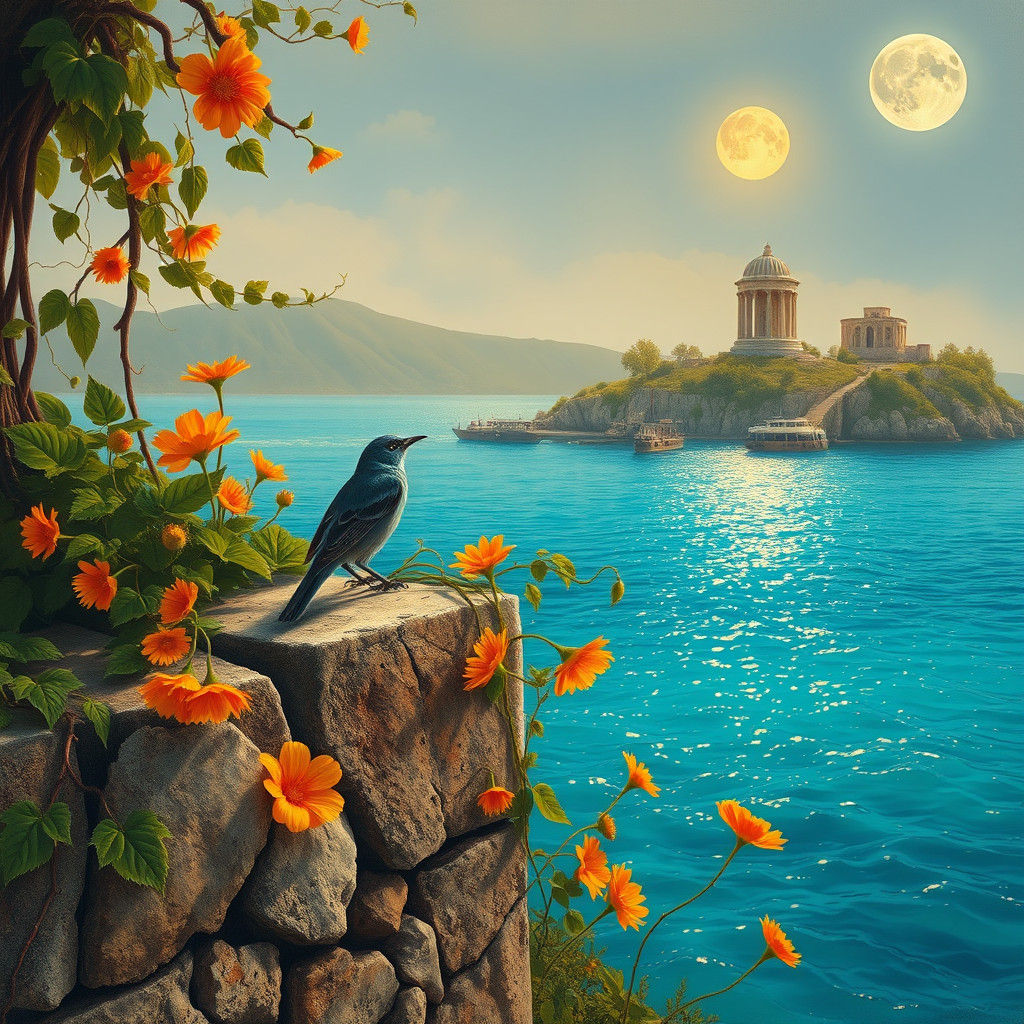 Nightingale by the Mediterranean Sea, in Pre-Raphaelite Styl...