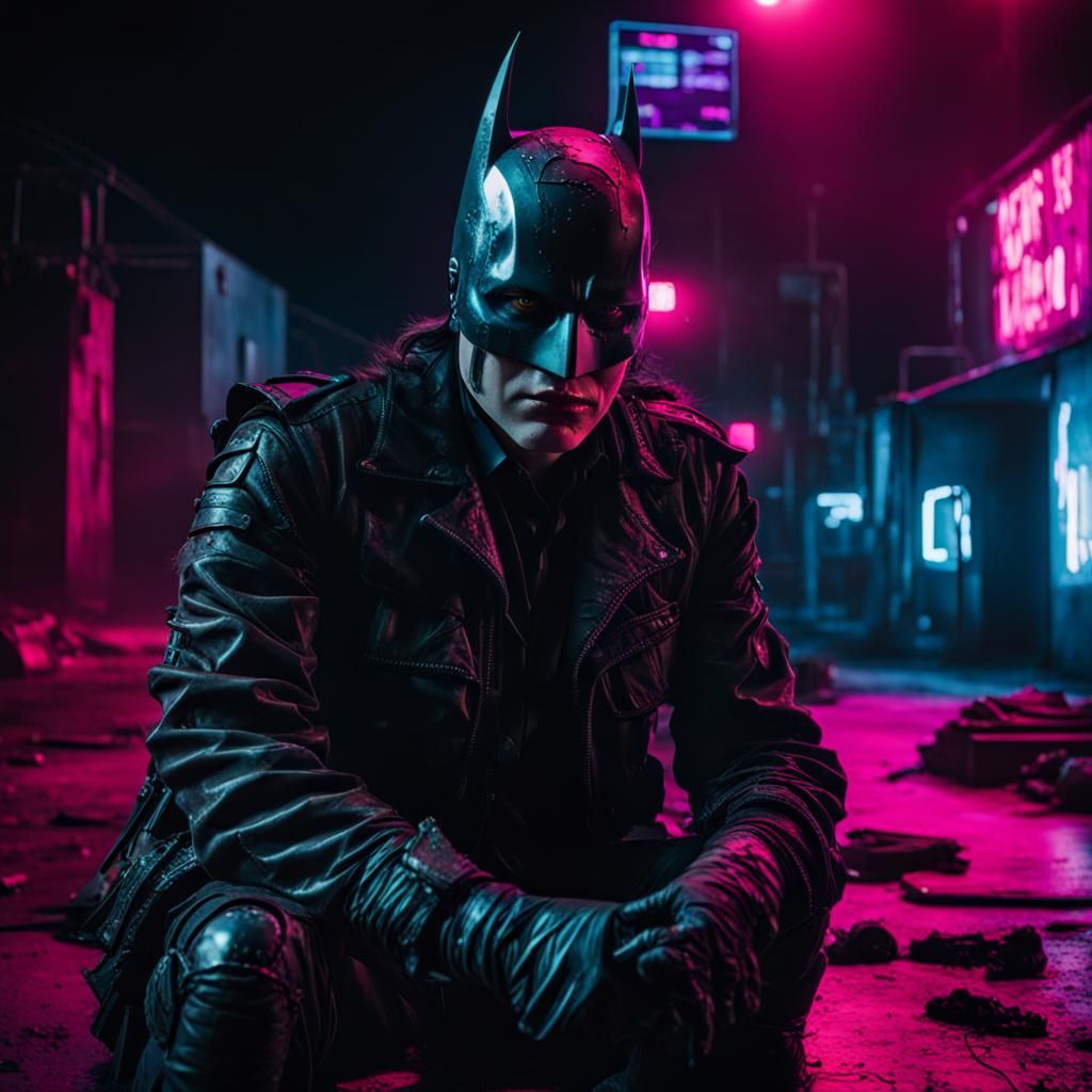 Dark Knight in Cyberpunk Post-Apocalyptic Neon Dystopia
