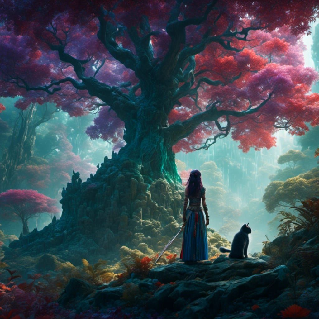 Girl with Cat and Multicolored Sword in Forest