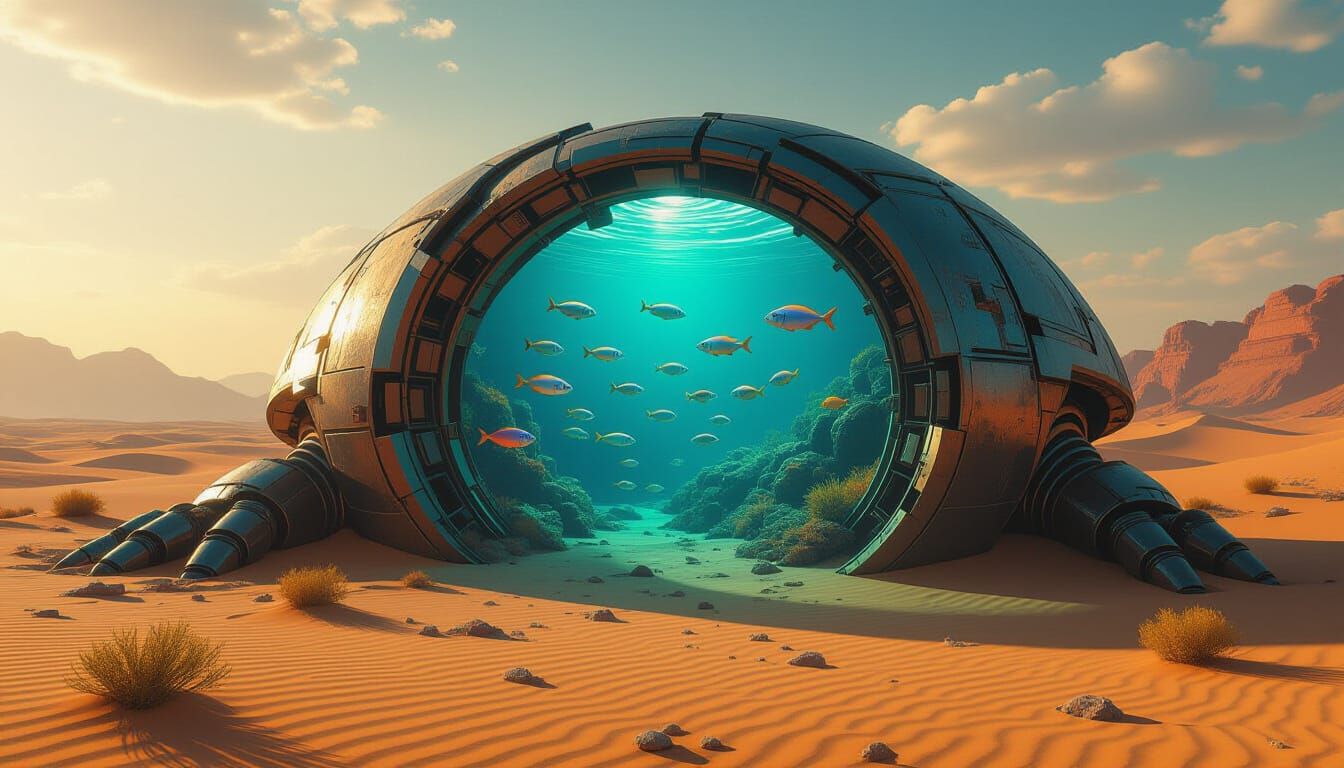 Robot Reef Oasis in Desert Landscape