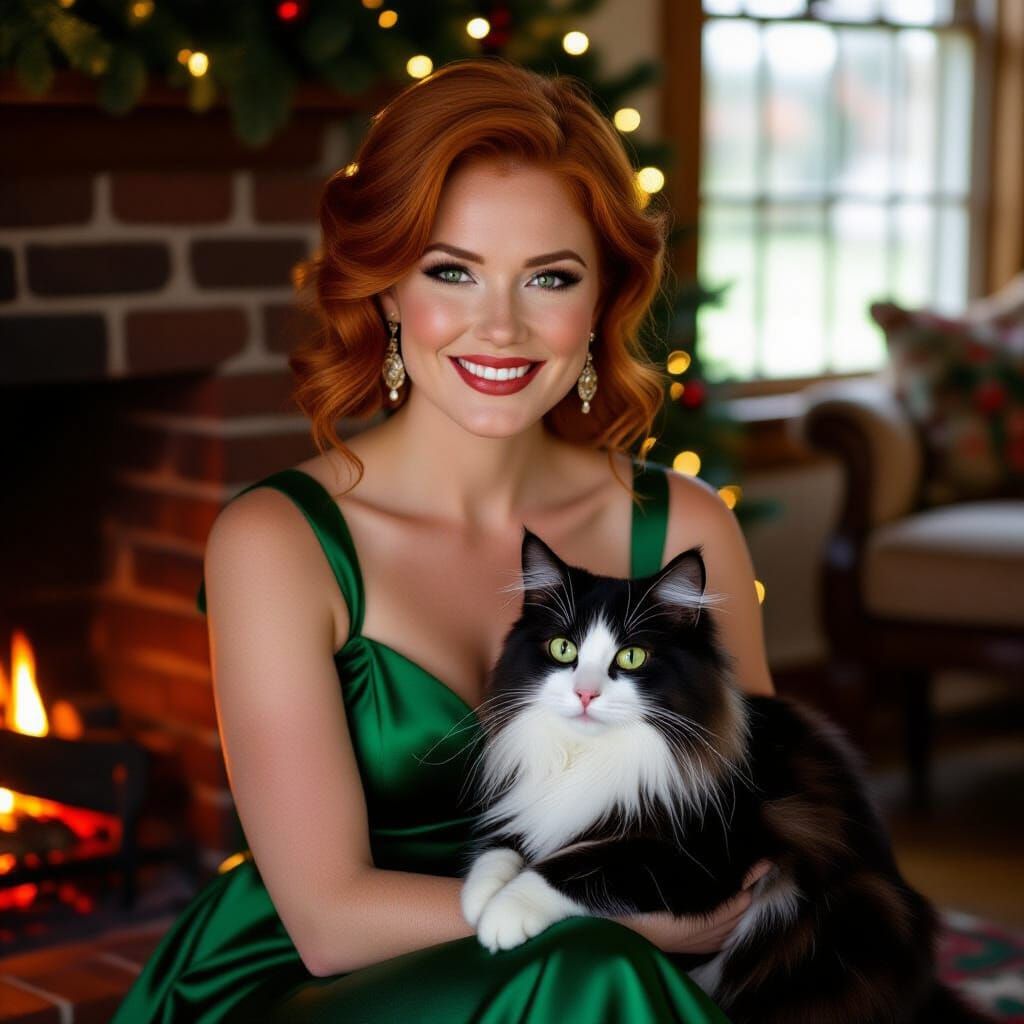 Woman With Cat by Fireplace in Holiday Dress