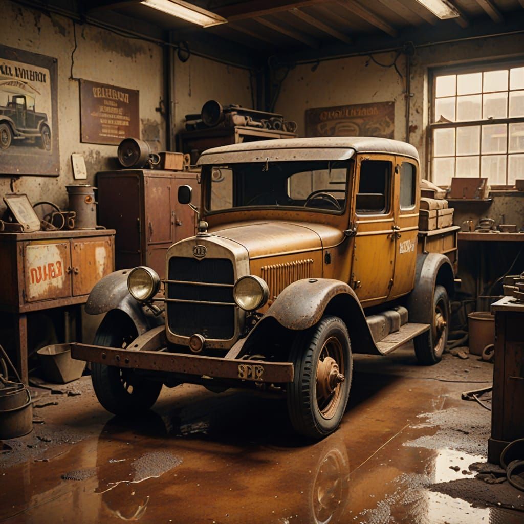 Vintage Truck in Workshop with Retro Photography Style