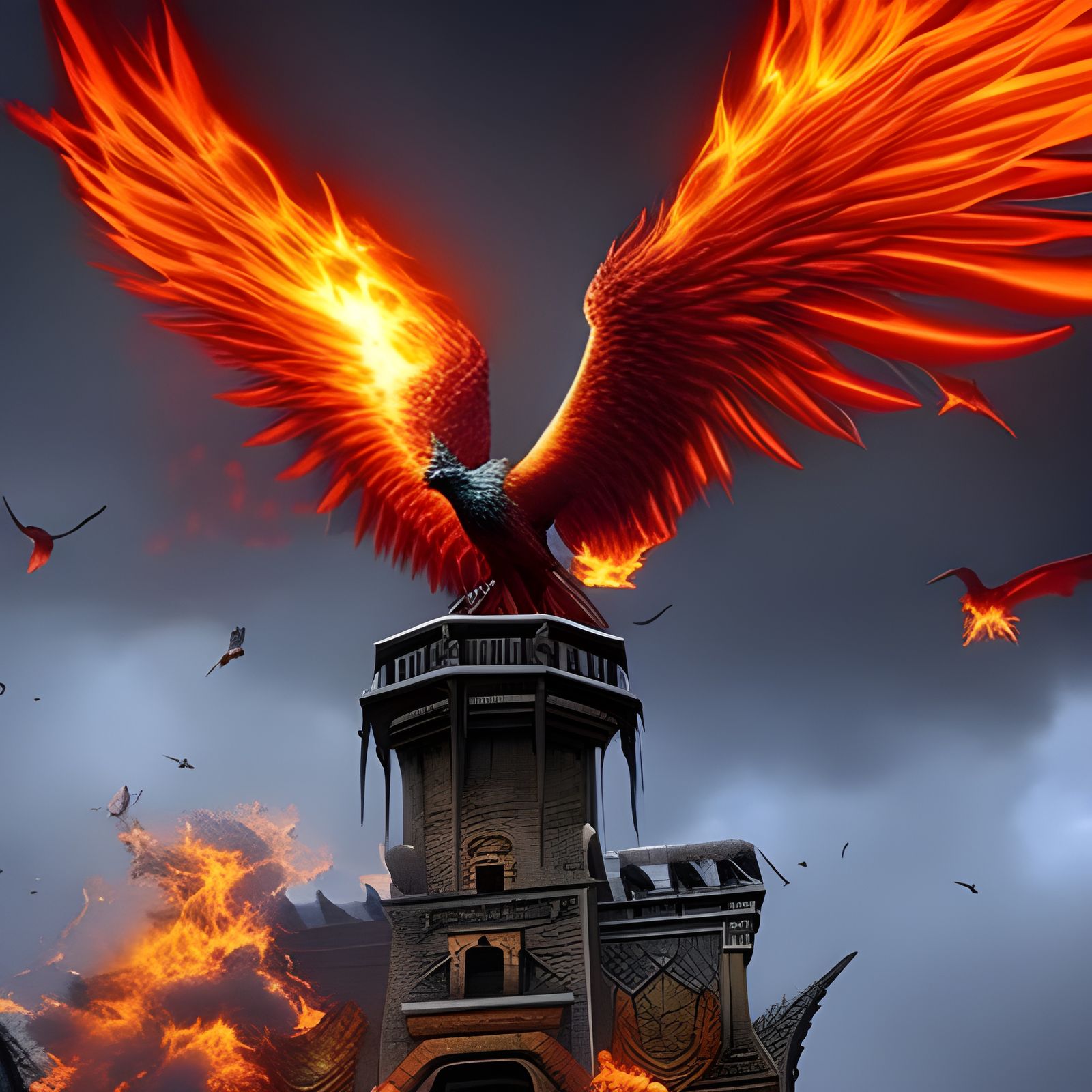 Fiery Phoenix Ascends Tower: Dark Fantasy Art