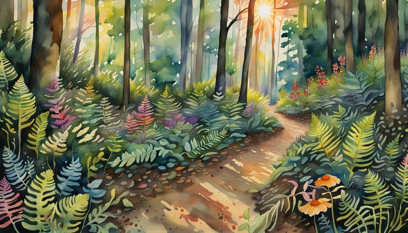 Whispering Woods: Sunbeams and Flower Petals in Watercolor