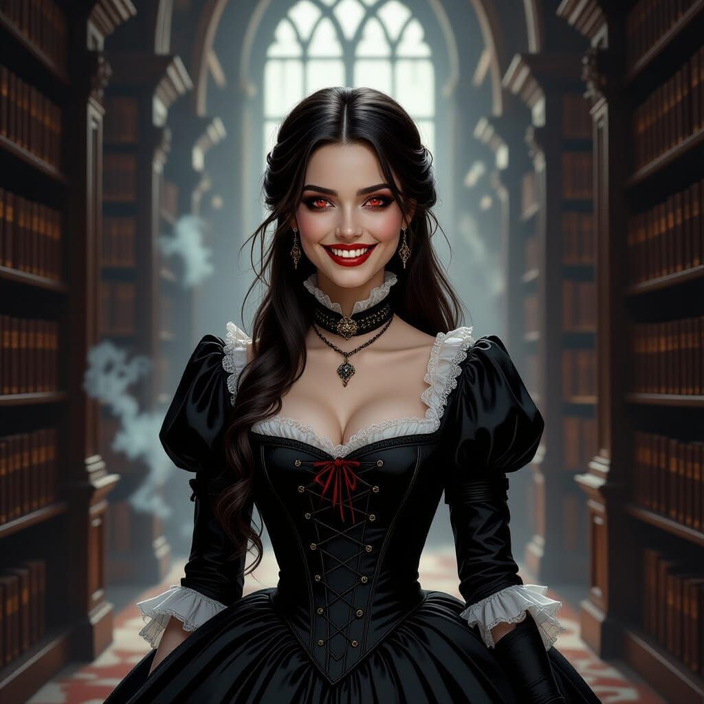 Vampire Woman in Dusty 1830s Library