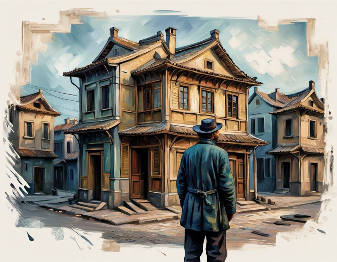 Man Studies Houses in Van Gogh Style