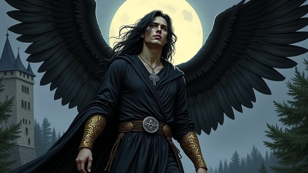 Dark Angel Descends from Castle Tower in Fantasy Style