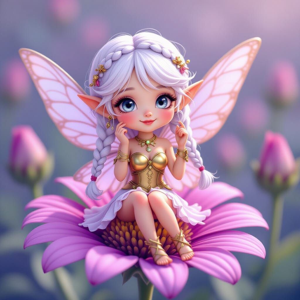 Pastel Purple Fairy Twirling Hair on Flower
