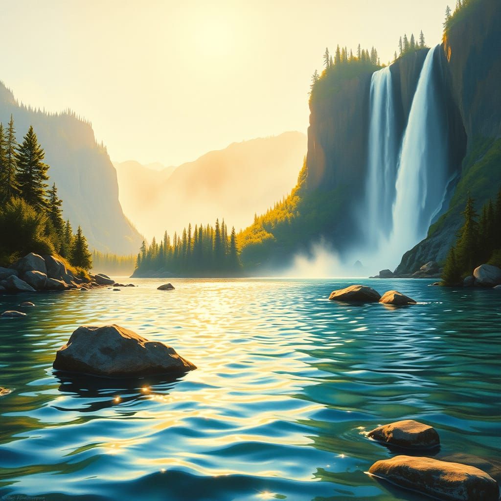Sunlit Lake with Majestic Waterfall in the Background
