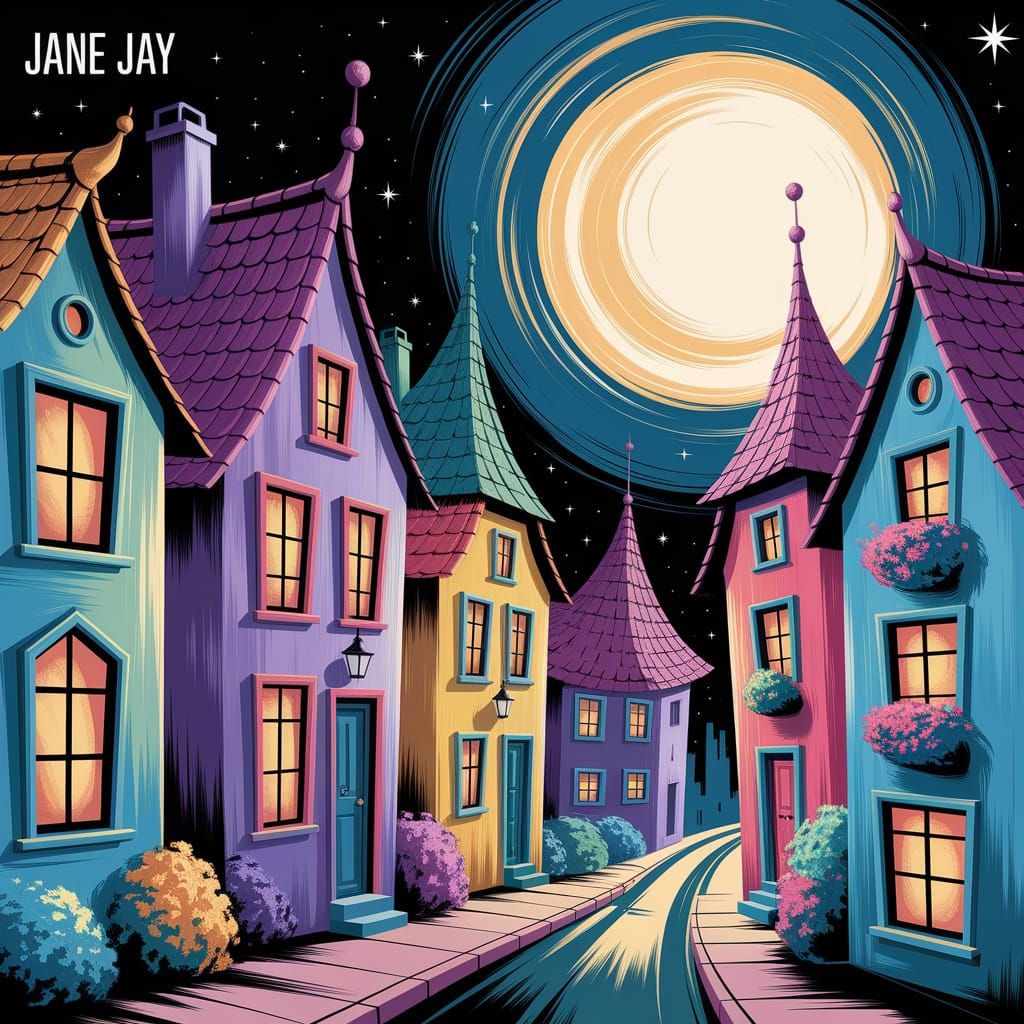 Vibrant Cityscape with Whimsical Houses under a Starry Night...