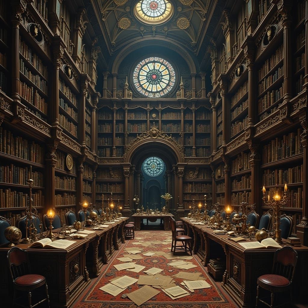 Ancient Library of Arcane Artifacts in Dark Academia Style
