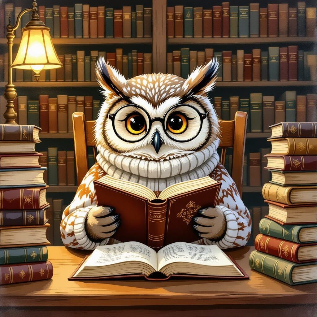 Cozy Owl Reading Novel in Whimsical Illustration Style